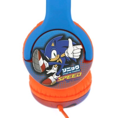 Auriculares azuis e laranja com personagem Sonic e texto em japonês