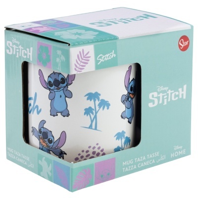 Caneca Disney Stitch cerâmica com ilustrações em caixa azul lilás
