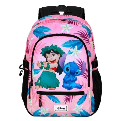 Mochila rosa com personagens Lilo e Stitch e padrão floral