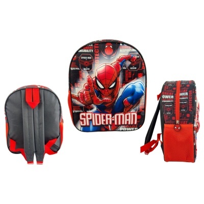 Mochila infantil vermelha e preta com estampa do Spider-Man e texto SPIDER-MAN