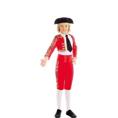 Fato de toureiro infantil vermelho com bordados dourados e chapéu preto
