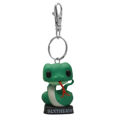 Chaveiro de cobra verde e branca com base preta e texto SLYTHERIN