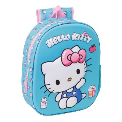 Mochila azul infantil com estampa da Hello Kitty e alças cor de rosa