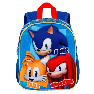 Mochila azul com personagens Sonic, Tails e Knuckles estampados na frente