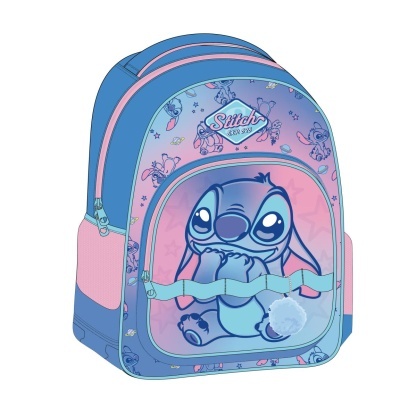 Mochila azul e rosa com estampa do Stitch e pompom branco