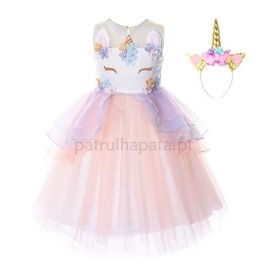 Vestido infantil rosa claro com corpete branco bordado e tiara de unicórnio dourada