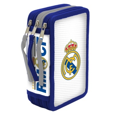 Estojo escolar com o logotipo do Real Madrid e texto em azul e amarelo sobre fundo branco
