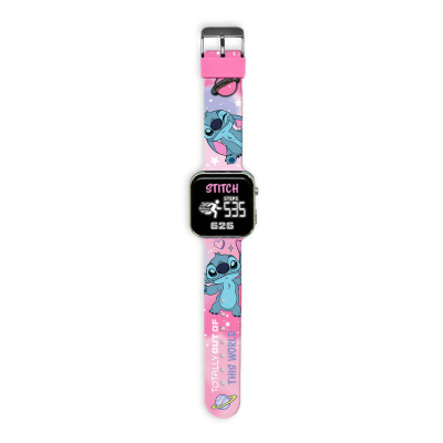 Relógio digital com bracelete rosa e roxo com personagens Stitch e texto
