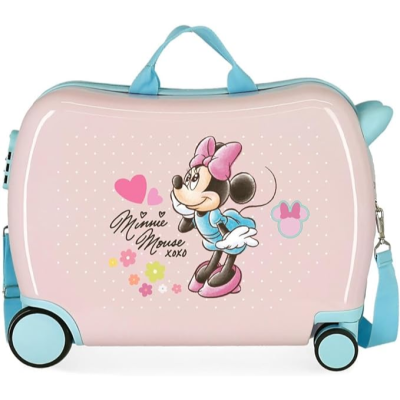 Mala infantil rosa com desenhos da Minnie Mouse e alça azul