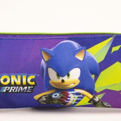 Estojo escolar roxo com imagem do Sonic e texto SONIC PRIME