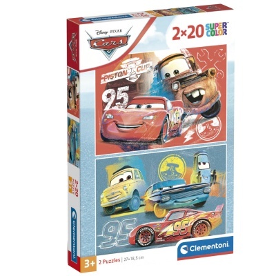 Caixa de puzzle Disney Pixar Cars com 2x20 peças, ilustra carros coloridos, embalagem Clementoni.