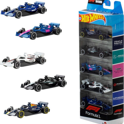 Set de carrinhos de corrida Hot Wheels Formula 1 2025 em embalagem azul e vermelho