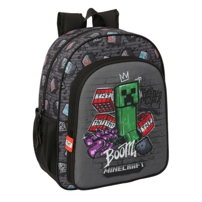 Mochila escolar Minecraft com estampa de TNT e Creeper, em cinza, preto, vermelho, azul e roxo