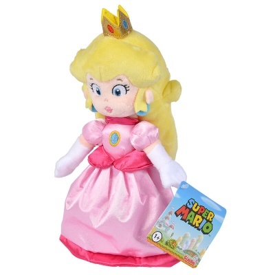 Boneca princesse Peach de pelúcia com vestido rosa e coroa amarela