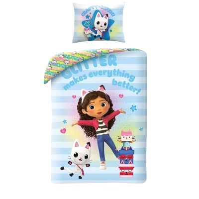 Conjunto de roupa de cama infantil azul com personagem de menina e gato branco, texto em inglês.