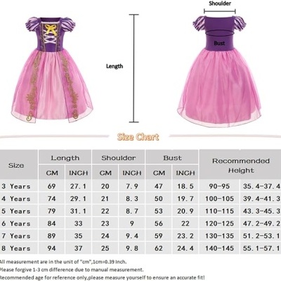Vestido infantil rosa e roxo com tabela de tamanhos para 3 a 8 anos