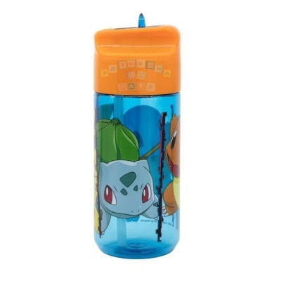 Garrafa azul translúcido com tampa laranja e personagens Pokémon