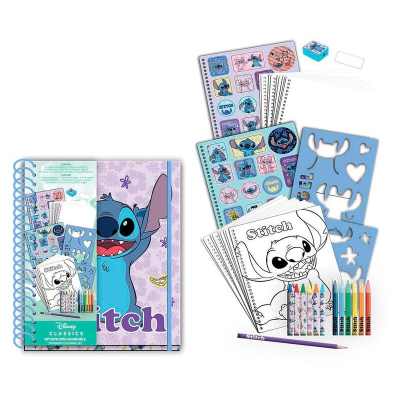 Conjunto de desenho e colorir Stitch Disney com caderno, lápis de cor, autocolantes e caneta.
