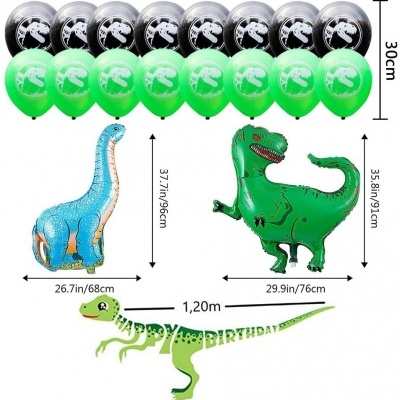 Balões de festa de dinossauro e banner de feliz aniversário