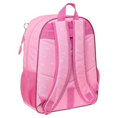 Mochila escolar rosa vista de trás com alças almofadadas e bolso em rede