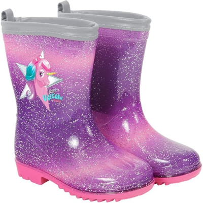 Botas de chuva roxas com decoração de unicórnio e sola rosa
