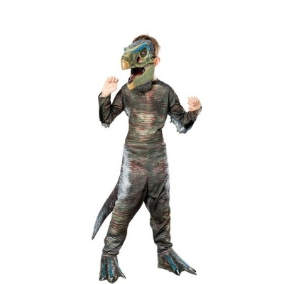 Criança vestida com disfarce integral de dinossauro com máscara e garras.