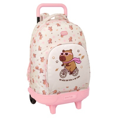 Mochila infantil rosa com estampado de capivara em bicicleta e rodinhas