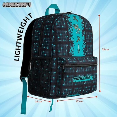 Mochila Minecraft preta e azul com padrão pixelado e bolsos zipados