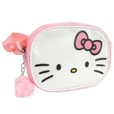 Bolsa infantil rosa com rosto Hello Kitty e pompom