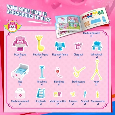 Conjunto de brinquedos médicos coloridos com várias figuras e acessórios organizados em fundo rosa e azul
