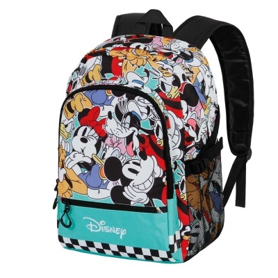 Mochila colorida da Disney com personagens e bolso azul-turquesa