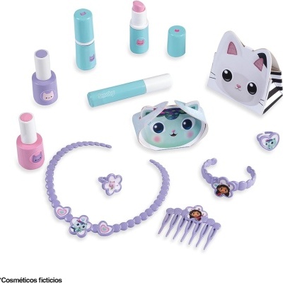 Conjunto de brinquedos de cosméticos e acessórios infantis coloridos com temas de gatos e personagens.