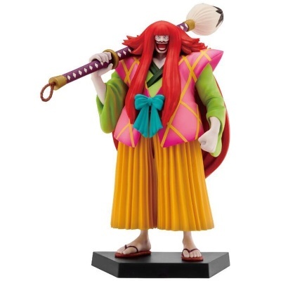 Figura de ação com roupa colorida e cabelo vermelho segurando um pincel grande