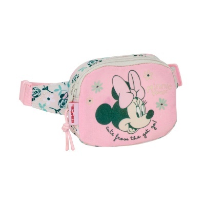 Bolsa de cintura da Minnie Mouse com padrão floral e fundo rosa.