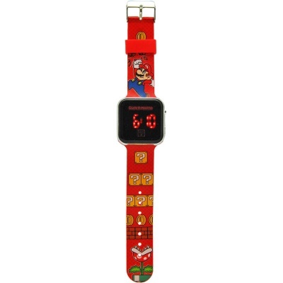 Relógio digital vermelho com decoração Super Mario e ecrã preto com números vermelhos