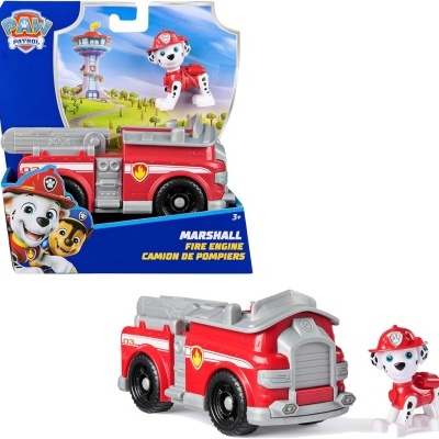 Brinquedo de carro de bombeiros vermelho com figura de cão bombeiro em embalagem azul