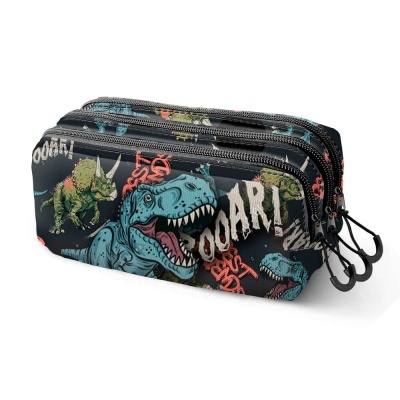 Estojo escolar preto com estampa de dinossauros e texto ROAR