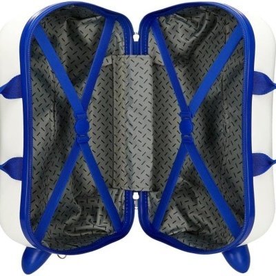 Interior de mala de viagem aberta, cinza com padrão de setas pretas e cintas azuis