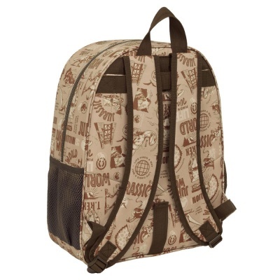mochila infantil bege e castanha com padrões Jurassic World