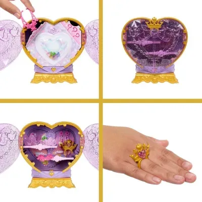 Caixa de jóias em forma de coração cor-de-rosa com acessórios e anel