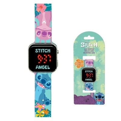 Relógio digital LED infantil com personagens Stitch e Angel em bracelete colorida e embalagem decorada