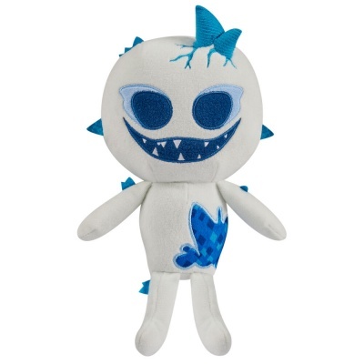 Boneco de peluche branco e azul com olhos grandes e detalhes texturizados.