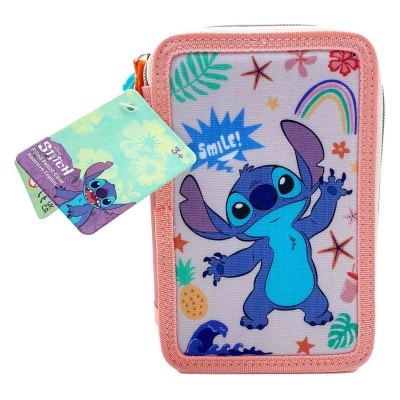 Estojo escolar rosa com estampa do Stitch e elementos coloridos