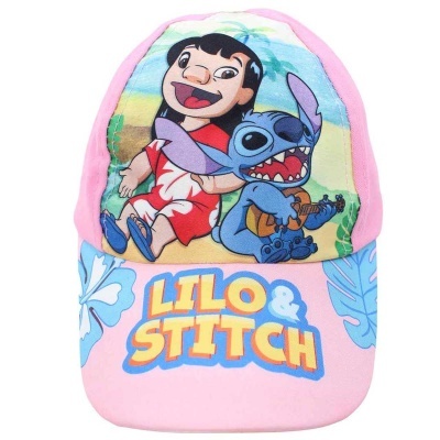 Boné rosa com personagens Lilo e Stitch e texto colorido