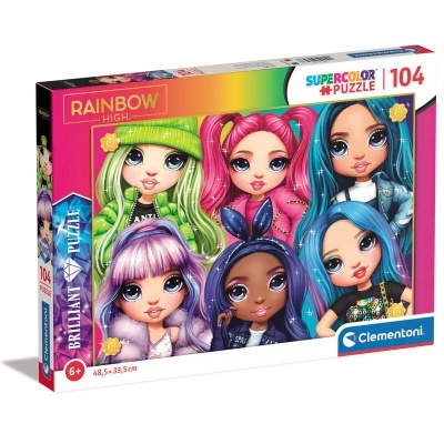 Caixa de puzzle Rainbow High com ilustração de seis bonecas coloridas