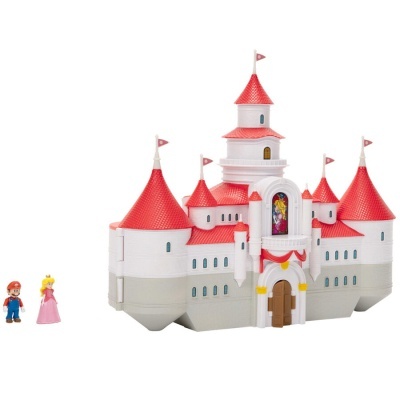 Castelo de brinquedo com torres vermelhas e figuras Mario e Peach