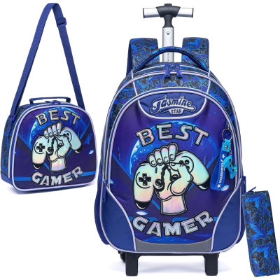 Conjunto de mochila com rodas, mochila de ombro e estojo azuis com temática BEST GAMER