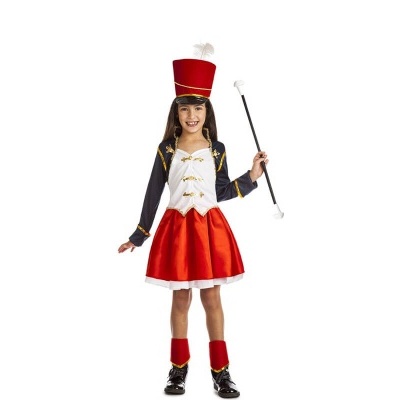 Roupa de majorette para menina com casaco preto, saia vermelha e chapéu vermelho alto.