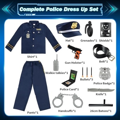 Conjunto completo de disfraz de polícia com várias peças sobre fundo branco