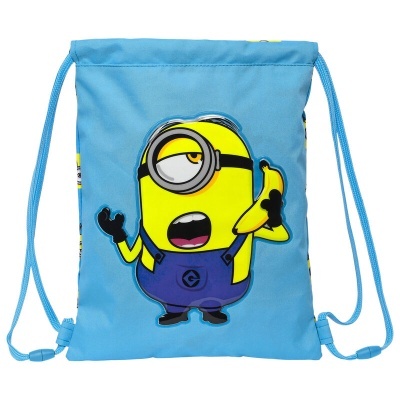 Mochila saco azul com Minion segurando banana.